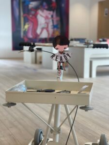 Tiny PhoebeNewYork riding the curator's mobile cart